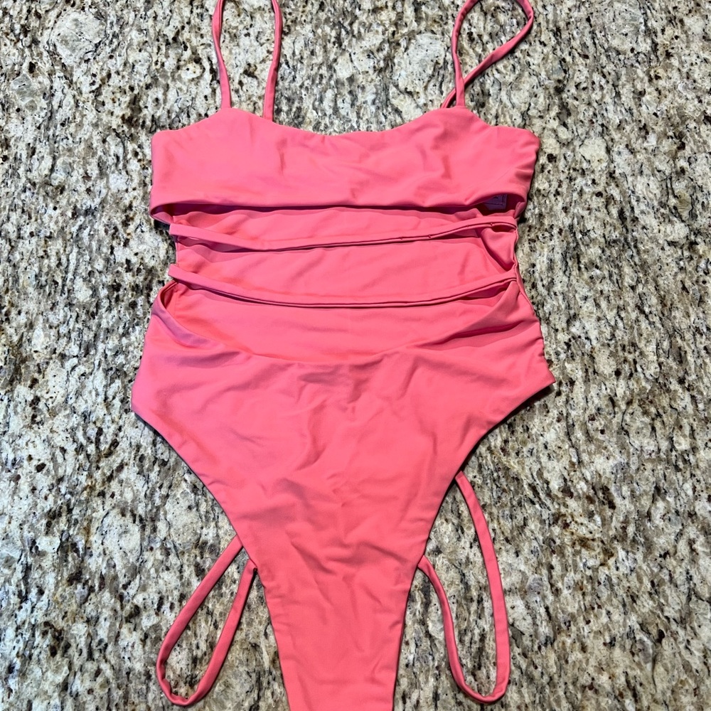 Oh Polly Pink Cut Out One Piece Bathing Suit